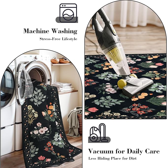 Wonnitar Floral Print 8x10 Washable Rug, Non Slip Black Dining Room Rug, Moroccan Large Stain Resistant Low Pile Indoor Carpet for Bedroom Playroom Home Decor, Black/Multi