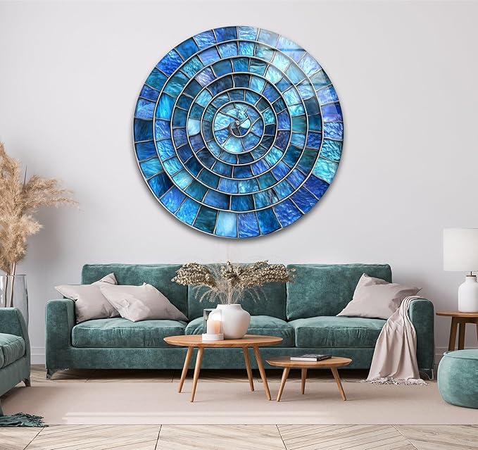 My Photostation.com 31.5''(80cm) Diameter Blue Aqua Spiral Harmony Round Glass Wall Art Tempered Glass Printing Wall Decor Large Wall Art Wall Hangings