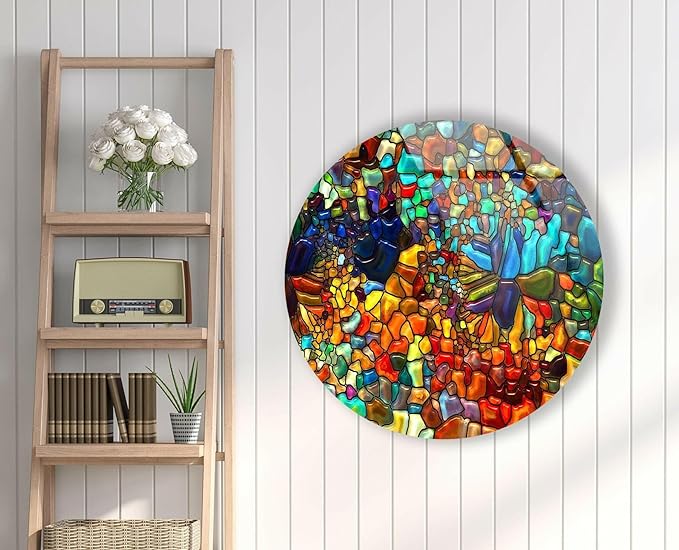 My Photostation.com 10''(25cm) Diameter Red Mosaic Round Glass Wall Art Tempered Glass Printing Wall Decor Large Wall Art Wall Hangings