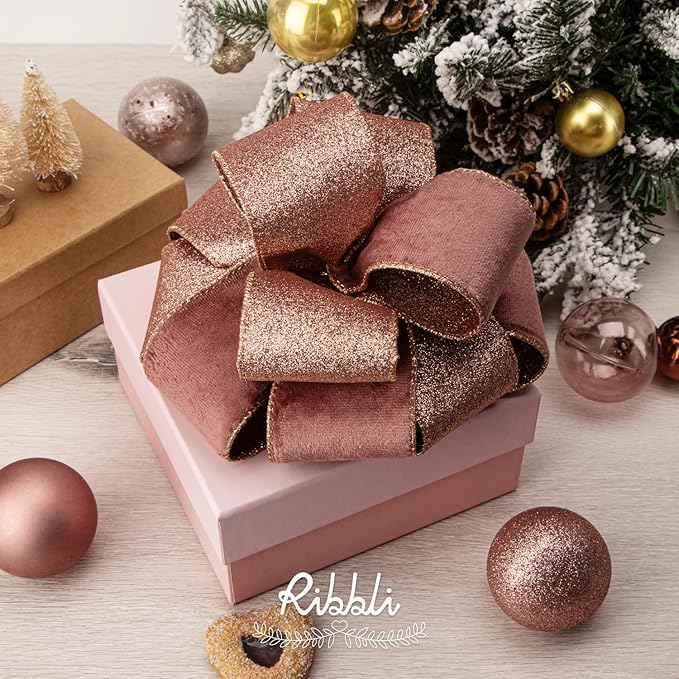 Ribbli Rose Gold Velvet Wired Ribbon 2.5 Inch Dusty Rose Velvet with Rose Gold Glitter Christmas Ribbon for Christmas Tree Decoration Big Bow Gift Wrapping Crafts Wreaths Supplies- 10 Yards