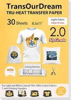 TransOurDream Upgraded Iron on Heat Transfer Paper for T Shirts (30 Sheets, 8.5x11") Iron on Transfers for Light Fabric Printable Heat Transfer Vinyl for Inkjet Printer (L2-30)