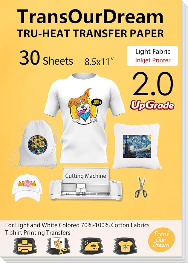 TransOurDream Upgraded Iron on Heat Transfer Paper for T Shirts (30 Sheets, 8.5x11") Iron on Transfers for Light Fabric Printable Heat Transfer Vinyl for Inkjet Printer (L2-30)