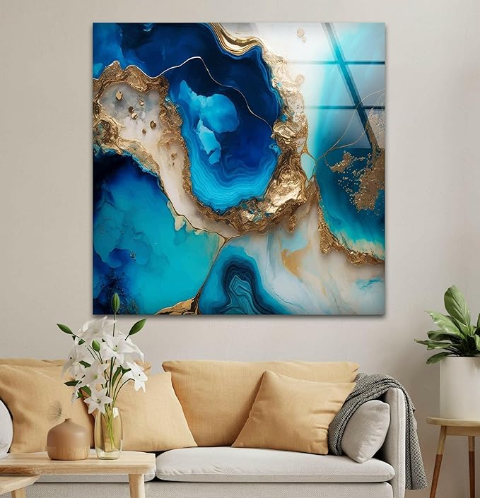 My Photostation.com 30Wx24H'' Blue Alcohol ink Glass Wall ArtTempered Glass Printing Wall Decor Large Wall Art Wall Hangings