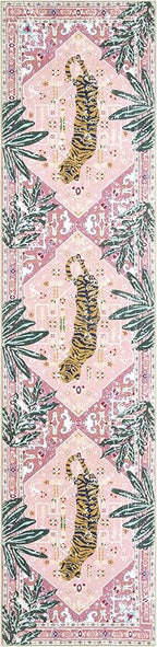 Oriental Tropical Hallway Runner Rug 2x8 Washable, Thin Stain Resistant Pink Boho Runner Rug for Entryway Kitchen Bedroom Laundry, Vintage Abstract Hippie Indian Botanical Long Floor Carpet