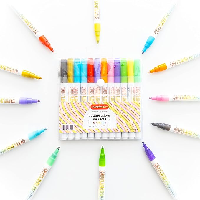 Incraftables Outline Glitter Markers (12 Colors) – Metallic, Double Line Pens, Shimmer Markers for Crafts, Greeting Cards, Drawing & Kids Adults