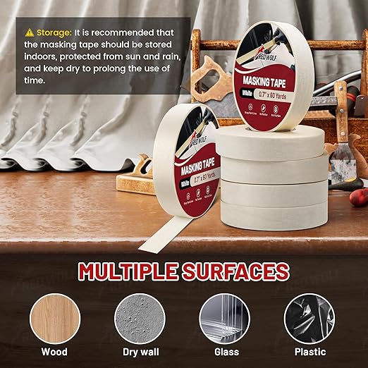 RED WOLF 6 Pack Masking Tape 0.7" x 60 Yards, General Purpose for Painting Arts Crafts Label Car Painting, Sharp Paint Line No Residue Painters Tape White Beige Crepe Paper Tape Heat Resistance