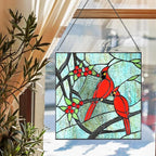PA0008 Cardinal Stained Glass Window Panel- Tiffany Style Window Hanging- Red Bird Ornaments -12" Wx12 H Suncatcher- Wall Decorations for Home Office