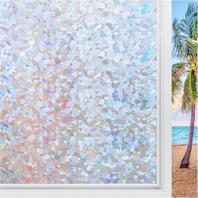 rabbitgoo Rainbow Window Privacy Film Decorative Stained Glass Diamond Pattern Window Sticker with Iridescent Tint Non-Adhesive Static Cling for Home Office Crystal Pattern, 23.6 x 157.4 inch