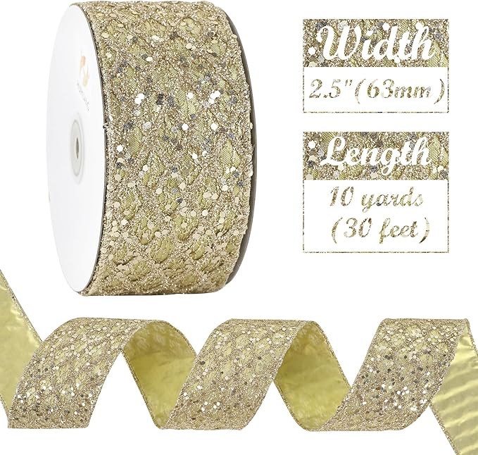 HUIHUANG Champagne Glitter Wired Ribbon for Christmas Tree 2.5 inch Champagne Gold Diamond Mesh Ribbon for Tree Decoration, Wreaths, Garland, Gift Wrapping, Bows Making, Home Decor -10 Yards