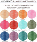 12 Colored Waxed Polyester Thread, 0.45mm Thinner Diameter, 115 Yards/Spool, Wax Coated String Cord for Leather Sewing, Upholstery, Stitching, Binding, Beading, Stringing, and Crafting