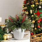 25 Pcs Christmas Norfolk Pine Branches with Red Berry Stems, 19" Extra Long Fake Greenery Norfolk Pine Stems Sprigs, Artificial Xmas Branches Plants Pine Leaves for DIY Craft Garland Home Decor