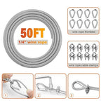 Stainless Steel Cable for Railing - 50FT 1/4" T316 Wire Rope with Clamps and Thimbles - 7 x 19 Strands 6700 LBS Breaking Strength for Outdoor Deck Railing Zipline