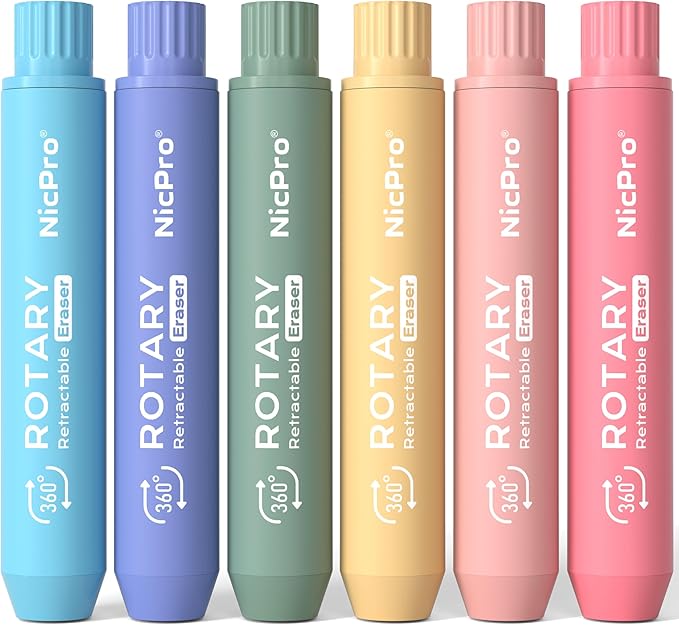 Nicpro 6 Pack Rotary Retractable Erasers Pen Style, Aesthetic Pastel Twist Erasers in Rainbow Colors, Clean Erasing TPE Eraser for School Supplies, Office, Drawing & Journaling