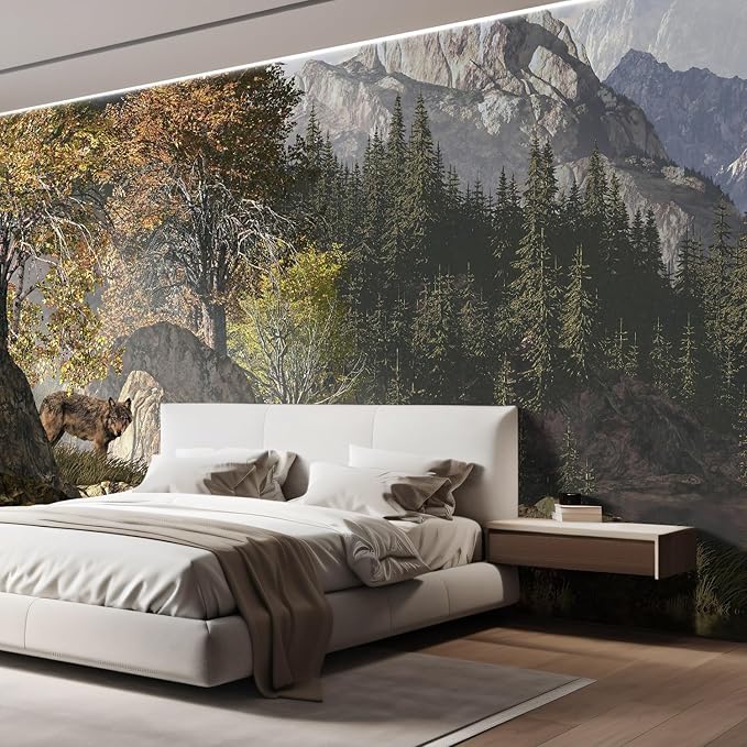 wall26 Wolf Near a Lake in a Rocky Mountain Landscape. Removable Wall Mural | Self- 132x168 inchesAdhesive Large Wallpaper - 132x168 inches