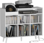 Cozy Castle Large Record Player Stand, Vinyl Storage Cabinet Mid Century Modern Turntable Stand Media Console Table Open Shelf Cube CD Album Holder Organizer for Living Room, Office, White