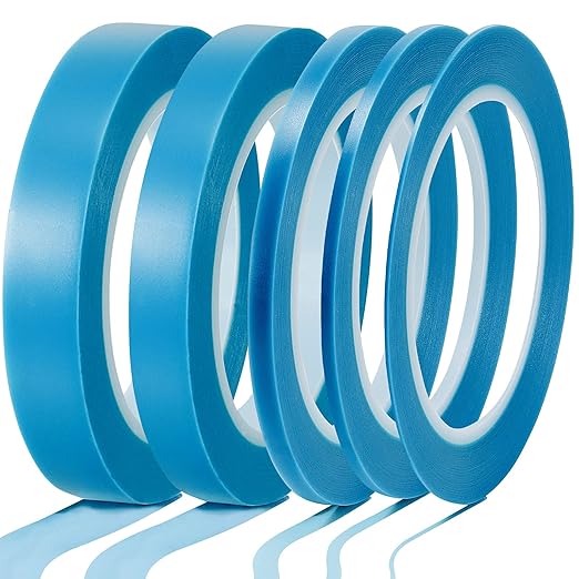 Xuniea 5 Rolls of Vinyl Tape Masking Tape Automotive Car Auto Paint for Curves, High Temperature Vinyl Low Tack(1/16 Inch, 1/8 Inch, 1/4 Inch, 1/2 Inch, 3/4 Inch, Blue)