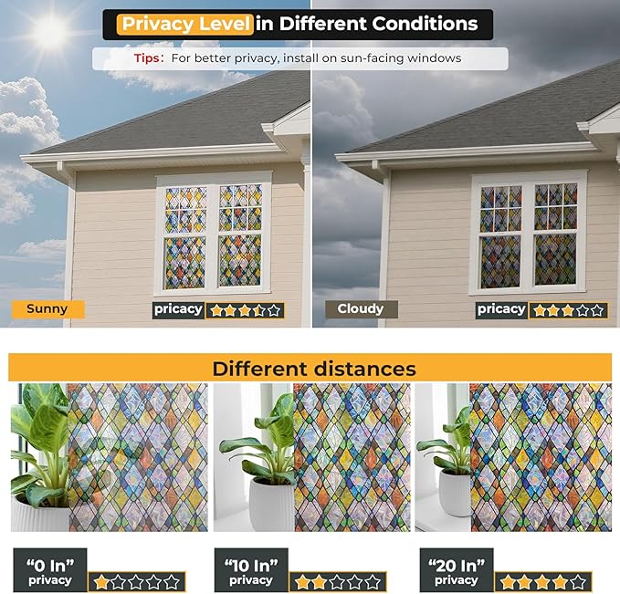 Window Privacy Film Rainbow Film Stained Glass 3D Static Cling Decorative Window Sticker for Bathroom,Front Door,Home Heat Control UV Blocking Non Adhesive,Diamond Grid 35.4 x 78.7inches