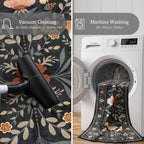Morebes Washable 9x12 Area Rugs for Living Room, Large Bird Floral Dining Room Rug Non Slip, Ultra-Thin Boho Insect Distressed Soft Carpet for Kids Bedroom Office Decor, Black/Muliti
