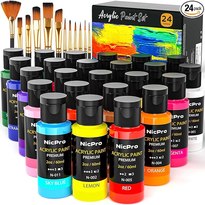 Nicpro Acrylic Paint Set, 24 Colors with 12 Brushes & Palette, Non Toxic Art Supplies Kit for Painting Fabric, Canvas, Clay, Wood, Rock & Ceramic, Halloween Pumpkin, Rich Pigments for Beginners, Students & Professional Artists (2 oz, 60 ml)