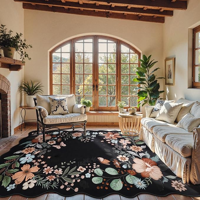 Beeiva Washable Rugs 8x10 for Living Room - Scalloped Floral Printed Soft Non Slip 8 x 10 Area Rug for Dining Room Boho Flower Ultra-Thin Aesthetic Carpet for Kids Room Dorm Office(Black,8x10ft)