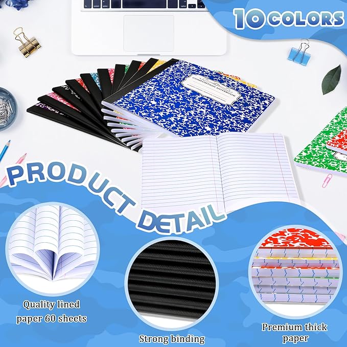 Seajan 20 Pack Composition Notebooks, Wide Ruled Paper, 7-1/2" x 9-3/4" Marble Hard Covers, 60 Sheets, Composition Notebooks Bulk for Students Back to School Adults Office Supplies(Colorful)