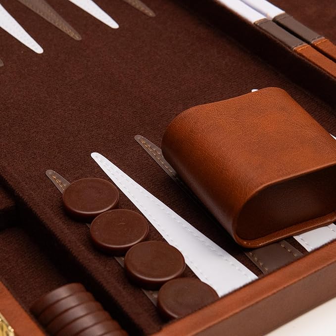 Backgammon Board Game, Deluxe Leather Like Case, Felt Interior, Brown, Classic Backgammon Game, Popular Board Game, Board Games (Medium (15"))