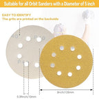 100PCS 5 Inch 8 Hole Sanding Discs 320 Grit,Gold Round Hook and Loop Sandpaper for Random Orbital Sander