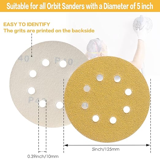 100PCS 5 Inch 8 Hole Sanding Discs 150 Grit,Gold Round Hook and Loop Sandpaper for Random Orbital Sander