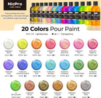 Nicpro 20 Colors Iridescent Metallic Acrylic Pour Paint Supplies Kit, 8.45oz Large Ready to Pour Premixed High Flow Pouring Paint Set with Silicone Pouring Oil, Gloves, Instructions for Beginner DIY