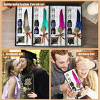 Feather Pen and Ink Set,quill pen ink set,Antique Calligraphy Pen with 4 Replaceable Nibs,2 Bottle of ink,Pen Holder Christmas Gift for Men&Women.(Blue)