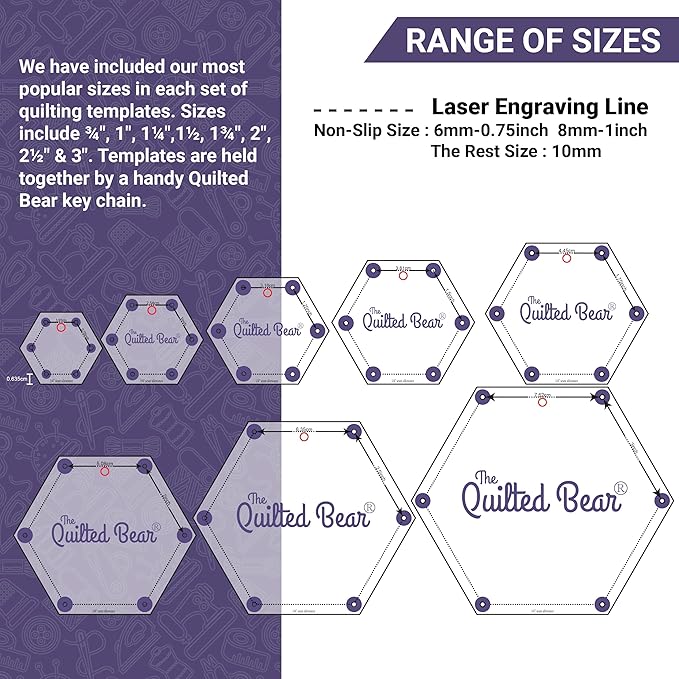 The Quilted Bear Diamond Quilting Templates – 8 Clear Non-Slip Acrylic Quilt Templates for Precise Fabric Cutting & Stress-Free Machine Quilting - Ideal for Quilt & Sewing Supplies (¾–3")