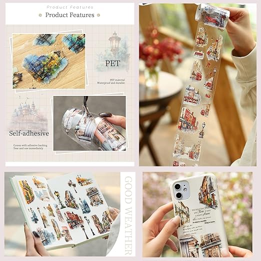 PET Tape Stickers for Journaling,6 Rolls Transparent Street Landscape Stickers for Scrapbook Supplies,Junk Journal,DIY Arts Crafts(Street Corner Travels)