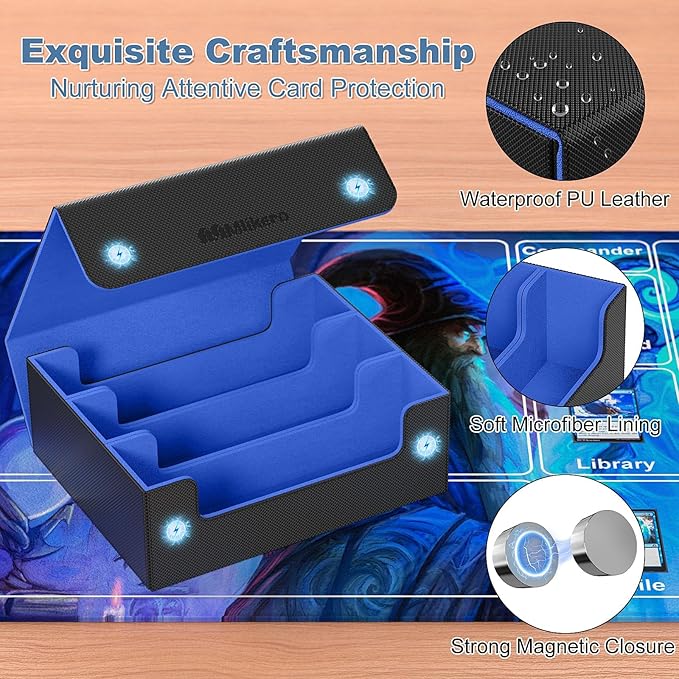 Mlikero Card Deck Case, 1800+ Trading Card Storage Box with 10 Dividers and 3 Foam Stoppers, Leather Magnetic Closure Commander Deck Box Fit for YuGiOh, MTG and Sport Cards(Black&Blue)