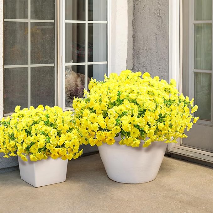 Fake Mums Fall Artificial Flowers Plants for Outdoors Autumn Decoration, 12 Bundles Yellow Silk Morning Glory with Eucalyptus Realistic UV Resistant Faux Flowers for Outside Planter Yard Garden Porch
