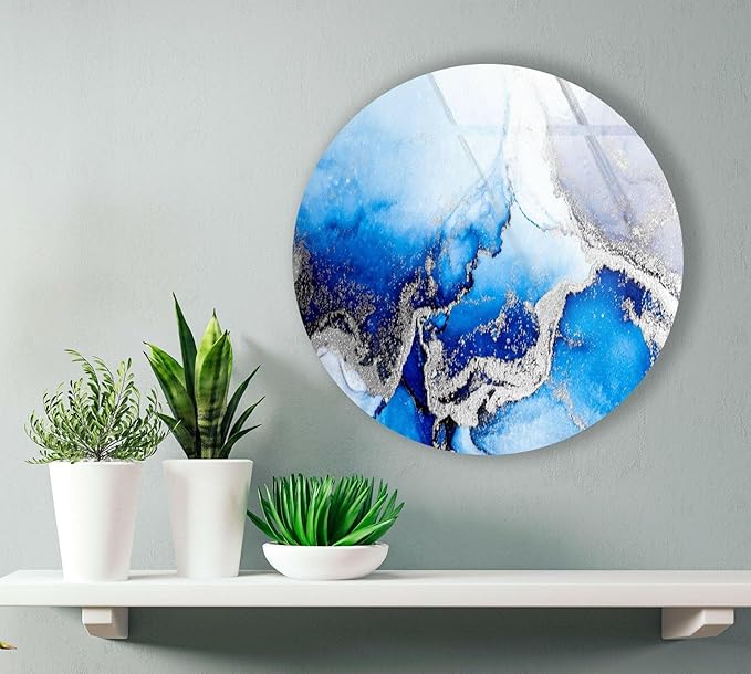My Photostation.com 20''(50cm) Diameter Blue Marble Round with Silver Details Glass Wall Art Tempered Glass Printing Wall Decor Large Wall Art Wall Hangings