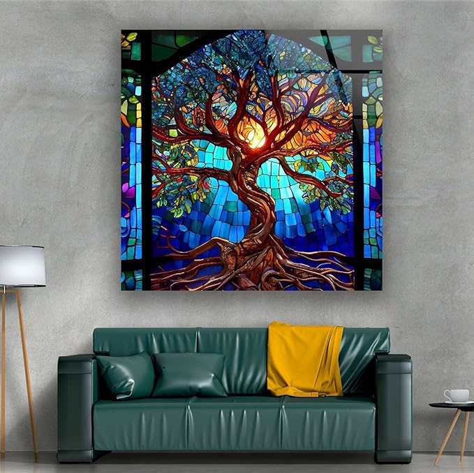 My Photostation.com Round 24'' Stained Blue Life of Tree Glass Wall ArtTempered Glass Printing Wall Decor Large Wall Art Wall Hangings