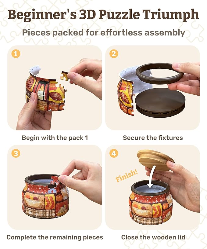 PieceRelax 3D Puzzle Jar 64 Plastic Pieces for Adults - Daisy Breeze Wooden Lid Container for Kitchen Dining Study Living Room No Glue Requied Small [BC1025]