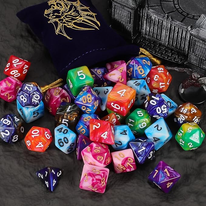 QMay DND Dice - 42pcs Polyhedral Dice, 6 Set Complete Double-Colors D&D Dice Sets with 6 Blue Drawstring Bags for Dungeons and Dragons RPG MTG Table Games