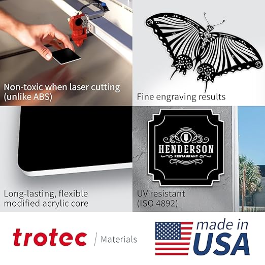 Trotec TroLase | 12"x12"x1/8", 8 Pcs | Black/White | 2 Ply | Modified Acrylic | Laser Engraving Double Color Plastic Sheet | Engraving Blanks for Laser, Saw, Guillotine | Made in USA