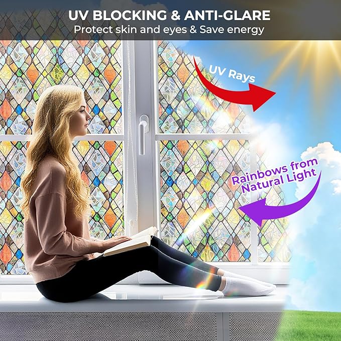 Window Privacy Film Rainbow Film Stained Glass 3D Static Cling Decorative Window Sticker for Bathroom,Front Door,Home Heat Control UV Blocking Non Adhesive,Diamond Grid 23.6 x 78.7inches