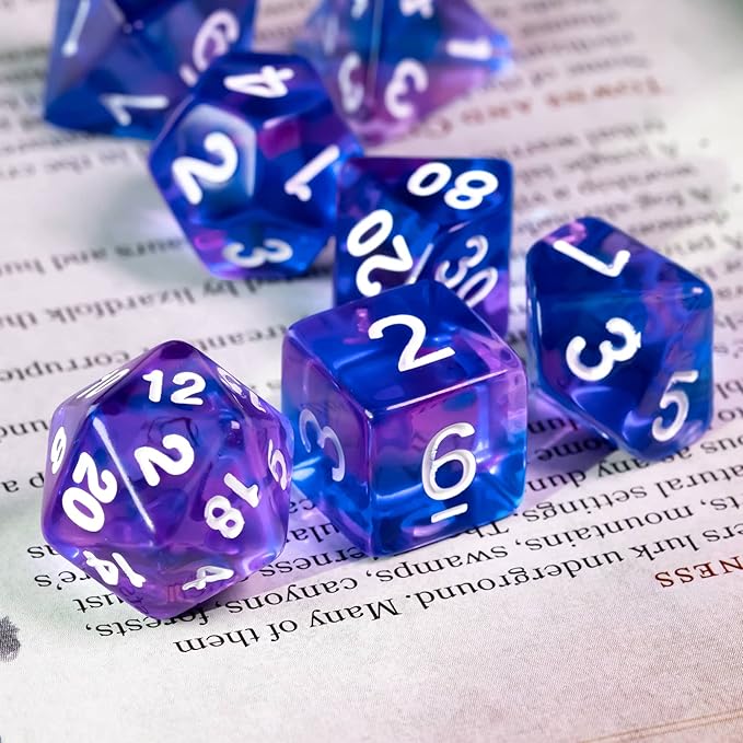 7-Die DND Dice Set Polyhedral Dice Set with a Leather Dice Bag, D&D Dice Set for Dungeons and Dragons, RPG Table Games (T/Purple Blue)