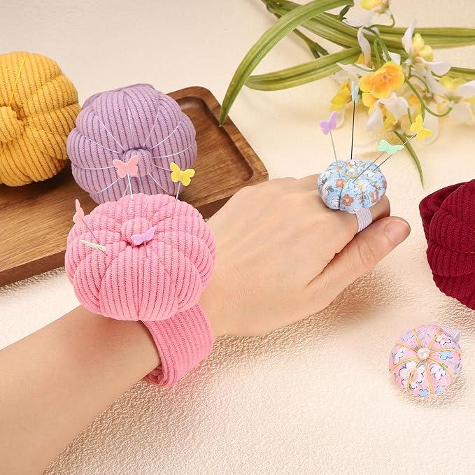 HARFINGTON Wrist Pin Cushions, Sewing Needle Pin Cushion Adjustable Strap with Elastic Strap Finger Ring Pincushions Fit All Wrist Sizes for Sewing Quilting Needlework DIY Crafts, Brown/Blue