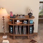 Large Round Record Player Stand with Charging Station & USB Ports，Record Storage Cabinet, Mid Century Modern Turntable Stand for Bedroom Living Room (Small Brown)