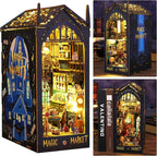 ISSEVE DIY Book Nook Miniature Kits for Adults, 3D Wooden Puzzle Dollhouse Miniature House Kit for Booknook Shelf Insert Decor, Creative Assembled Bookends Bookshelf with Sensor Light (Magic Market)