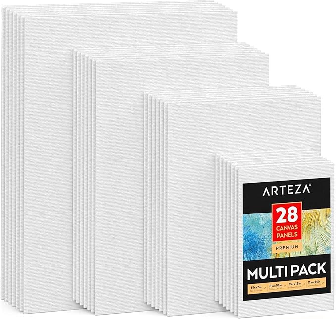 ARTEZA Premium Canvas Boards for Painting, 5 x 7, 8 x 10, 9 x 12, 11 x 14 Inches, Multipack of 28, White Canvas for Acrylic, Oil and Gouache Painting