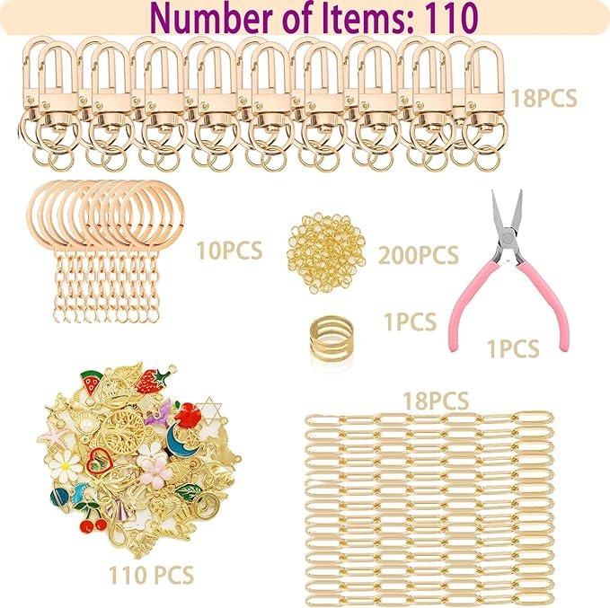 MORWLAT 281 PCS Gold DIY Keychain Making Kit Cute Bag Charm Kit 60 Charms 8 Keychain Clips with Key Ring Swivel Snap Hook Lobster Claw Clasps 200 Jump Ring Jewelry Plier DIY Set Women Craft (60)