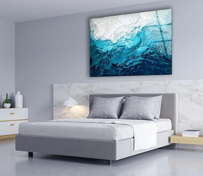 My Photostation.com 28Wx18H'' Blue Waves Abstract Glass Wall ArtTempered Glass Printing Wall Decor Large Wall Art Wall Hangings