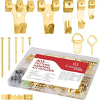 303-Piece Picture Hanging Assortment, Heavy Duty Hooks, Nails, Sawtooth, D-Rings, Wire, Level, and Metal Wall Hooks for Picture Framing and Canvas Mounting (Gold)