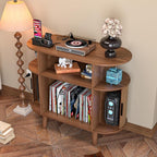 Large Round Record Player Stand with Charging Station & USB Ports，Record Storage Cabinet, Mid Century Modern Turntable Stand for Bedroom Living Room (Small Brown)