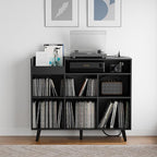 Cozy Castle Large Record Player Stand, Vinyl Storage Cabinet Mid Century Modern Turntable Stand Media Console Table Open Shelf Cube CD Album Holder Organizer for Living Room, Office, Black